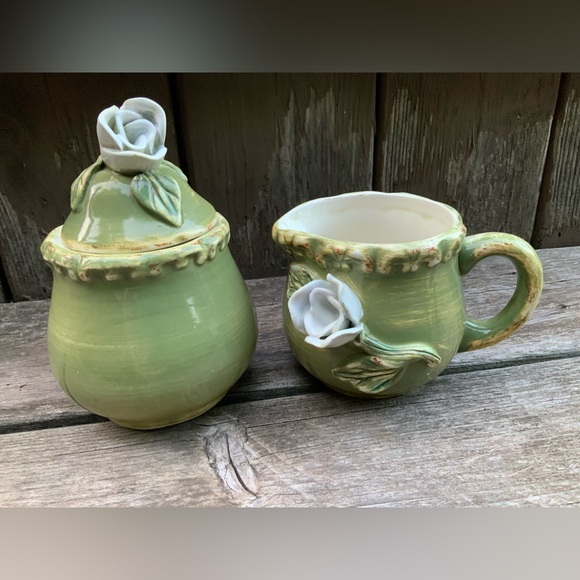 Vintage Cottagecore Whimsical Flower Rustic Forest Ceramic Creamer Sugar Set - Picture 3 of 15